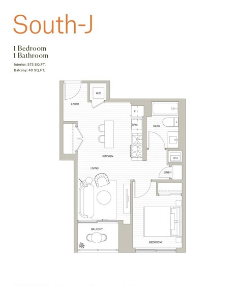 Floor plan for 1 bed, 1 bath, 573 sqft